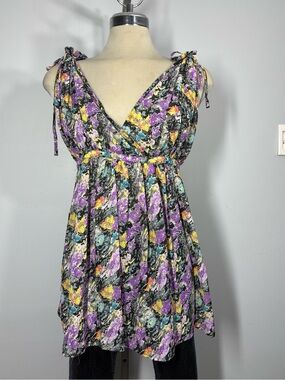 NWD Tie-Shoulder Floral V-Neck Blouse - Purple Multi Size M